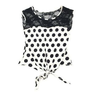 Dots Polka Dot Print Lace Tie Front Crop Top Size Small Sleeveless Black White S